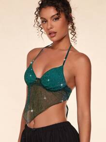 SHEIN BAE 金屬亮絲頭巾下擺露背繞頸短上衣 - 墨綠色 - 查看 6