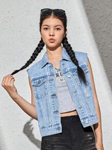 SHEIN Bé Gái Denim Jackets & Áo Khoác Túi Nút phía trước Bị tách màu trơn Giải trí - Rửa nhẹ - Xem 4