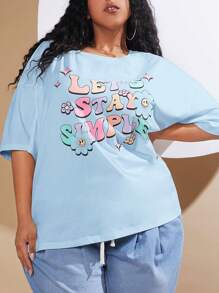SHEIN CURVE+ Plus Slogan Graphic Drop Shoulder Tee - Baby Blue - View 1