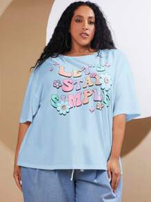 SHEIN CURVE+ Plus Slogan Graphic Drop Shoulder Tee - Baby Blue - View 5