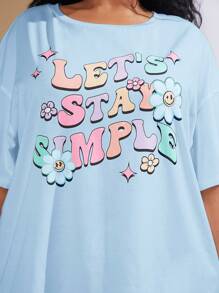 SHEIN CURVE+ Plus Slogan Graphic Drop Shoulder Tee - Baby Blue - View 6