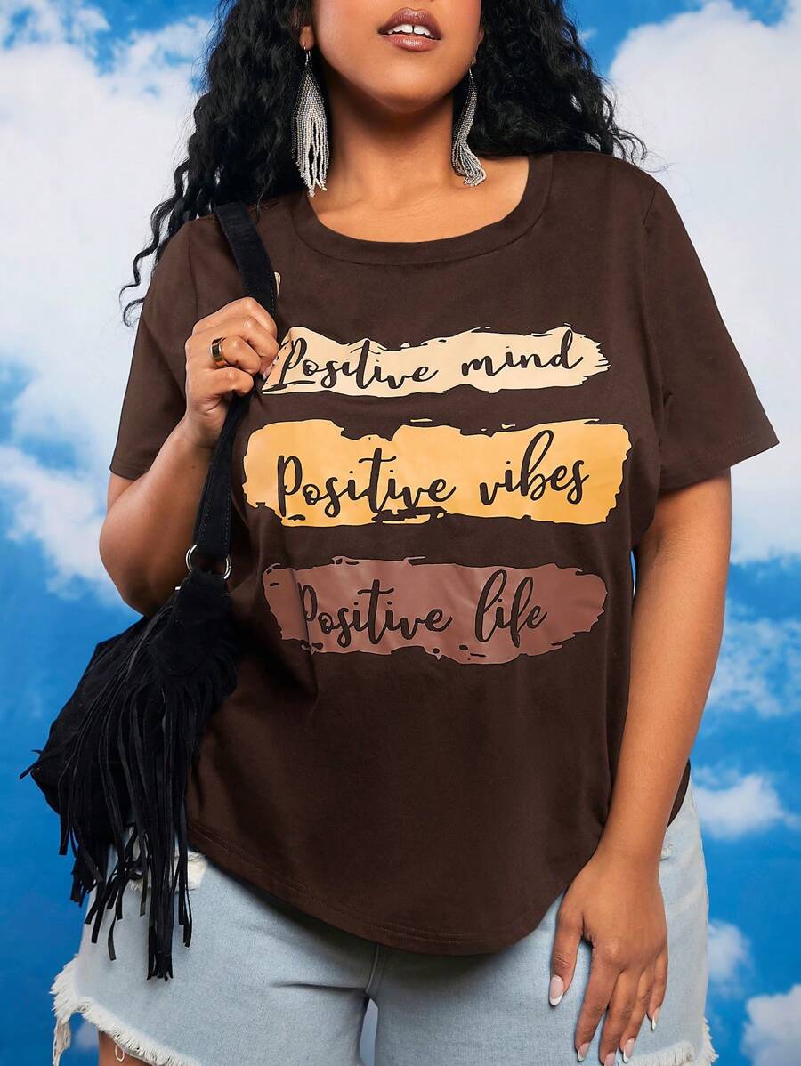 SHEIN CURVE+ Plus Letter Graphic Tee - Chocolate Brown - View 1