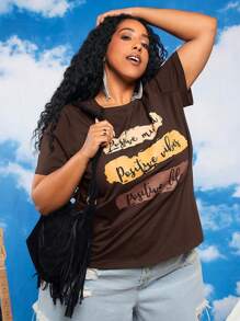 SHEIN CURVE+ Plus Letter Graphic Tee - Chocolate Brown - View 4