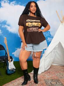 SHEIN CURVE+ Plus Letter Graphic Tee - Chocolate Brown - View 6