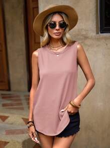 SHEIN LUNE Solid Waffle Knit Tank Top - Dusty Pink - View 3