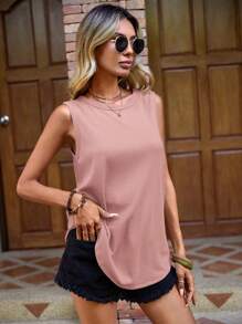 SHEIN LUNE Solid Waffle Knit Tank Top - Dusty Pink - View 5