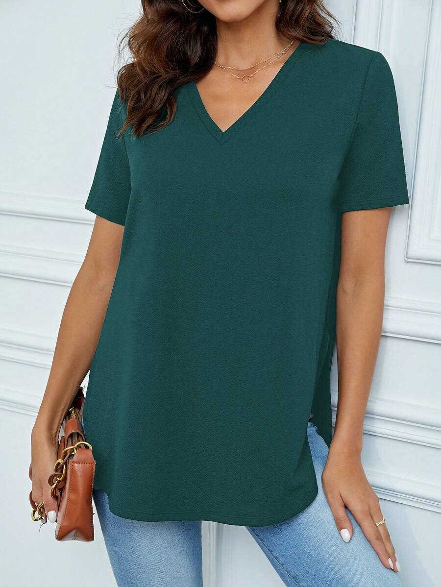 SHEIN Tall Solid V Neck Split Hem Tee - Dark Green - View 1