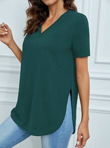 SHEIN Tall Solid V Neck Split Hem Tee - Dark Green - View 3
