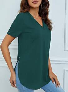 SHEIN Tall Solid V Neck Split Hem Tee - Dark Green - View 5
