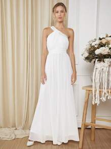 SHEIN Belle 單肩亮片織帶婚紗連衣裙 - 白色 - 查看 1