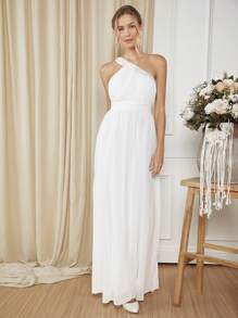 SHEIN Belle 單肩亮片織帶婚紗連衣裙 - 白色 - 查看 5