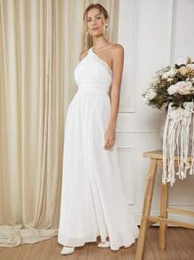 SHEIN Belle 單肩亮片織帶婚紗連衣裙 - 白色 - 查看 6