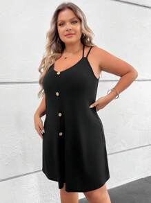 SHEIN LUNE Hơn Nút phía trước Váy Dây - màu đen - Xem 4