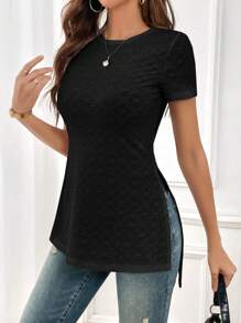 SHEIN Essnce Camiseta unicolor bajo con abertura - Negro - Ver 4