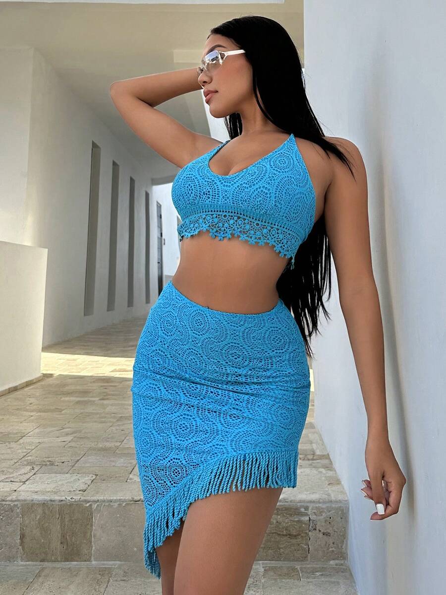 SHEIN SXY 鏤空露背掛脖上衣&不對稱下擺半身裙 - 藍色 - 查看 1