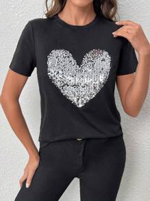 SHEIN Essnce Heart Sequin Detail Tee