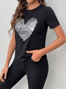 SHEIN Essnce Heart Sequin Detail Tee