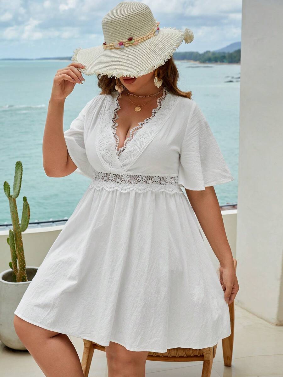 SHEIN VCAY Plus Guipure Lace Panel Butterfly Sleeve Dress - White - View 1