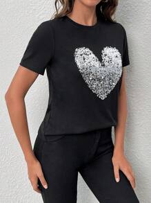 SHEIN Essnce Heart Sequin Detail Tee
