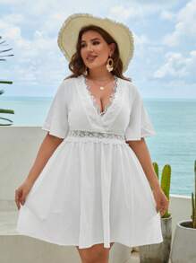 SHEIN VCAY Plus Guipure Lace Panel Butterfly Sleeve Dress - White - View 2