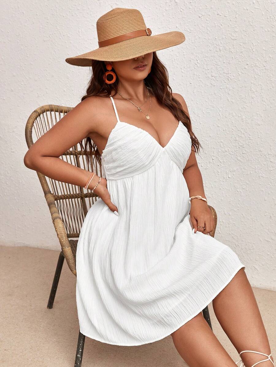 Dreamara 大碼素色褶邊露背吊帶洋裝 - 白色 - 查看 1