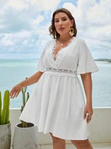 SHEIN VCAY Plus Guipure Lace Panel Butterfly Sleeve Dress - White - View 5