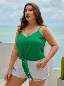 SHEIN VCAY Áo hai dây Plus Size Thắt nút màu trơn Giải trí - màu xanh lá - Xem 4