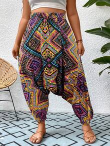 SHEIN Holidaya Plus Allover Print Drop Crotch Pants - Multicolor - View 4