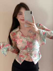 DAZY 紮染前排扣短款T恤 - 彩色 - 查看 1