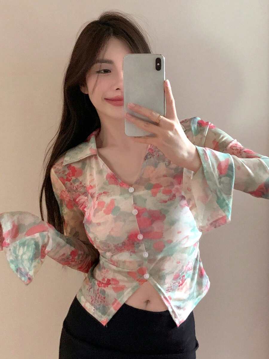 DAZY 紮染前排扣短款T恤 - 彩色 - 查看 1