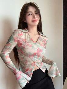 DAZY 紮染前排扣短款T恤 - 彩色 - 查看 5