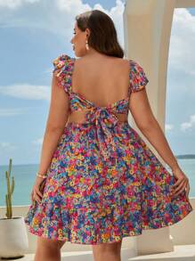 SHEIN VCAY Vestido floral con cordón trasero ribete con fruncido - Multicolor - Ver 1