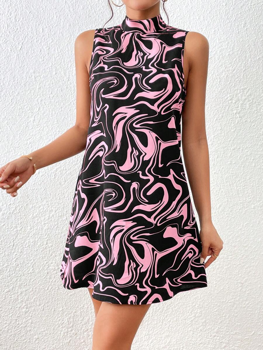 SHEIN Privé Allover Print Mock Neck Tunic Dress - Pink - View 1