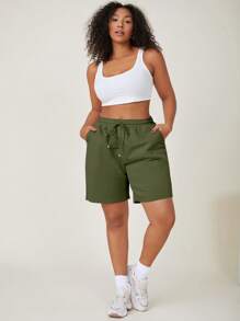 SHEIN BASICS Plus Drawstring Waist Track Shorts - Army Green - View 1