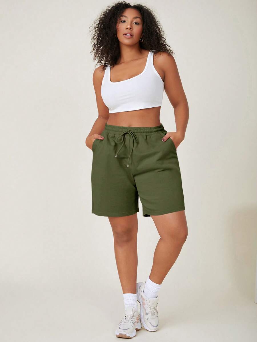 SHEIN BASICS Plus Drawstring Waist Track Shorts - Army Green - View 1