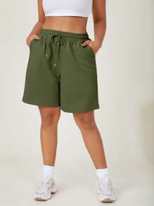 SHEIN BASICS Plus Drawstring Waist Track Shorts - Army Green - View 4