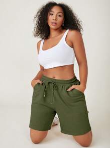 SHEIN BASICS Plus Drawstring Waist Track Shorts - Army Green - View 6
