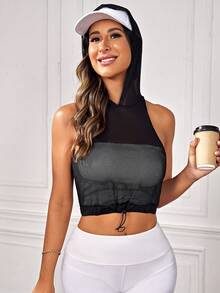SHEIN Street Sport 漁網抽繩下擺短款連帽運動衛衣 - 黑色 - 查看 4