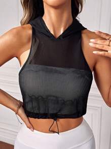 SHEIN Street Sport 漁網抽繩下擺短款連帽運動衛衣 - 黑色 - 查看 5