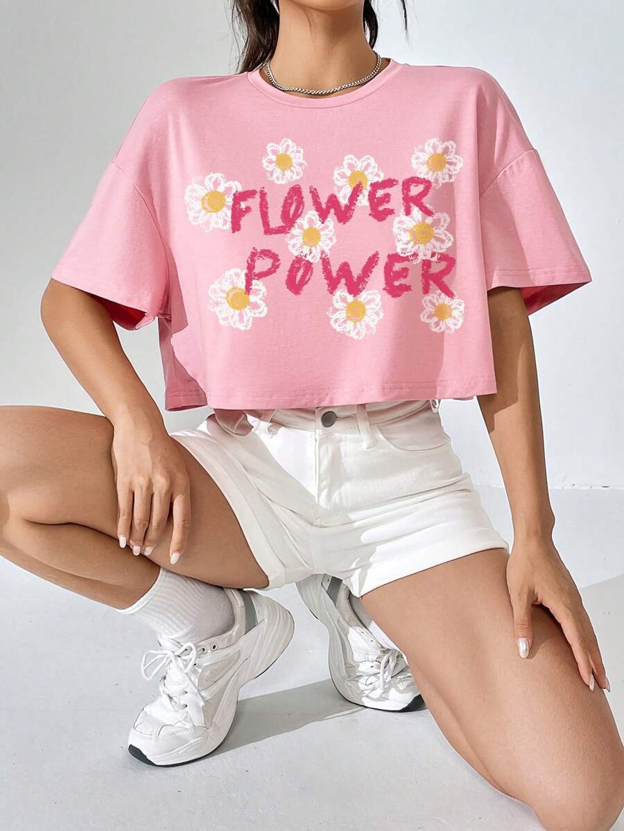 SHEIN Qutie 花卉和字母圖案落肩袖短款T恤 - 淺粉色 - 查看 1