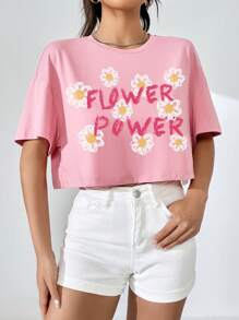 SHEIN Qutie 花卉和字母圖案落肩袖短款T恤 - 淺粉色 - 查看 4