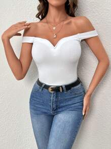SHEIN Privé Off Shoulder Ribbed Knit Top - White - View 1