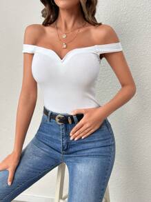 SHEIN Privé Off Shoulder Ribbed Knit Top - White - View 3