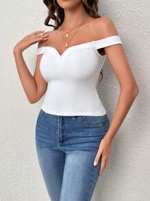SHEIN Privé Off Shoulder Ribbed Knit Top - White - View 6