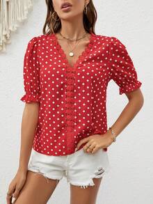 SHEIN Frenchy 波點圖案鏤空蕾絲花邊泡泡袖襯衫 - 紅色 - 查看 2