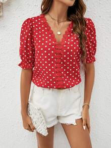SHEIN Frenchy 波點圖案鏤空蕾絲花邊泡泡袖襯衫 - 紅色 - 查看 5