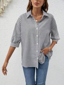 SHEIN Frenchy Drop Shoulder Shirt Women's Long Sleeve Striped Shirt, Cute Summer Tops, Summer Women's Clothing, White Shirt, Fresh Casual Shirt, Button Closure, Covered Shirt, Lightweight And Breathable Made Of Comfy Material, Suitable For Holiday Going Out, Casual Daily 100% Cotton - Black and White - View 5