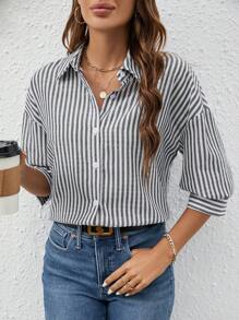 SHEIN Frenchy Drop Shoulder Shirt Women's Long Sleeve Striped Shirt, Cute Summer Tops, Summer Women's Clothing, White Shirt, Fresh Casual Shirt, Button Closure, Covered Shirt, Lightweight And Breathable Made Of Comfy Material, Suitable For Holiday Going Out, Casual Daily 100% Cotton - Black and White - View 6