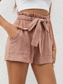 SHEIN Frenchy Paperbag Waist Belted Wide Leg Shorts - Dusty Pink - View 5