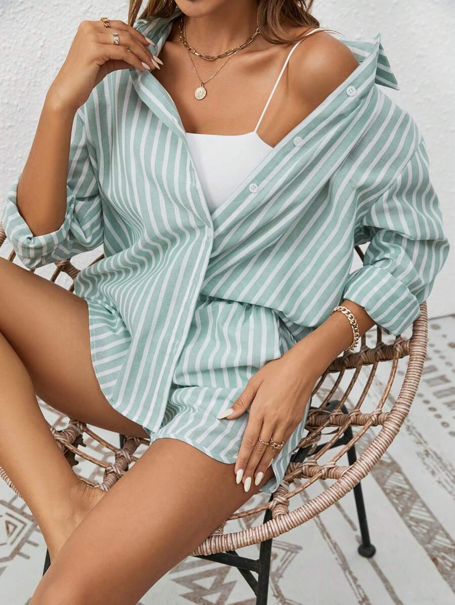 SHEIN Frenchy Cotton Striped Print Drop Shoulder Shirt & Shorts Without Tube Top Green - Green - View 1